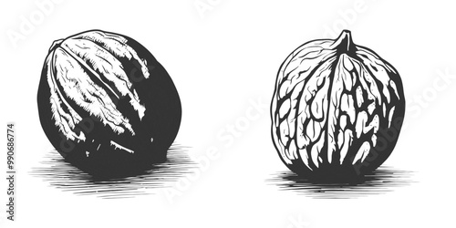 Black and white vector illustration of whole nutmegs with detailed texture, ideal for spice and botanical themes.