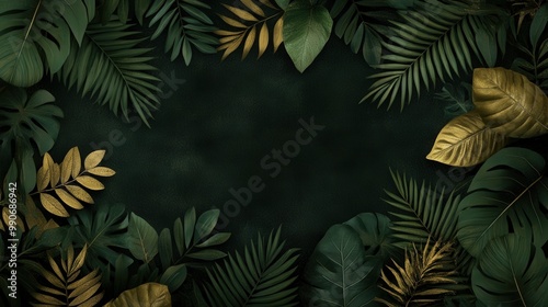 Wallpaper Mural A captivating image featuring lush green leaves with gold accents arranged against a dark and rich background, highlighting the beauty of natural elements and exquisite detail. Torontodigital.ca