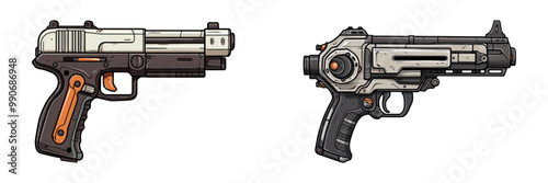 Vector illustration of two futuristic guns with a detailed design, ideal for sci-fi, gaming, and weaponry themes.