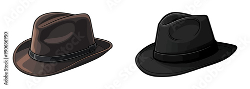 Vector illustration of two classic fedora hats in brown and black, ideal for fashion, vintage style, and accessories themes.