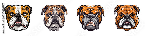 Vector illustration of four bulldog heads with intense expressions, ideal for mascot, sports, and animal-themed designs.