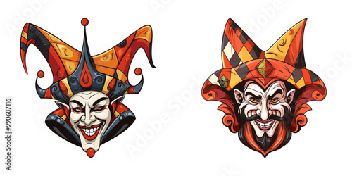 Vector illustration of two joker heads wearing colorful, intricate hats with mischievous expressions. Perfect for circus, carnival, and fantasy designs.