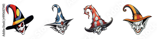 Vector illustration of four joker faces with various hats, showcasing playful and sinister expressions. Ideal for festive, circus, and fantasy-themed designs.