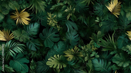 Wallpaper Mural A dense and vibrant pattern featuring an assortment of lush tropical leaves, creating a rich and elaborate design, showcasing natural elegance and beauty in foliage. Torontodigital.ca