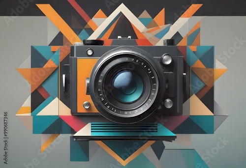 Abstract art featuring a futuristic camera with intricate geometric design, combining modern technology with bold visual elements, Generative AI.
