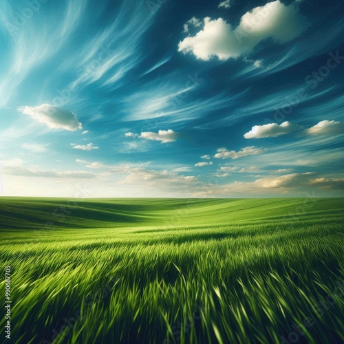 Endless Green Horizon – Serene Landscape Under Blue Sky with Generative AI.