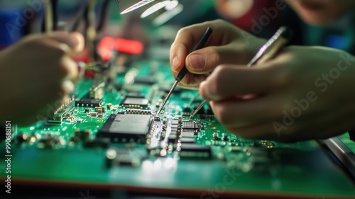 Close-up view of hardware components being assembled using a soldering iron. Small, intricate components are carefully connected, highlighting the precision and skill required in electronics assembly.