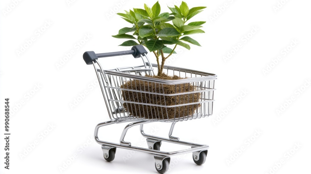 A small, festive Christmas tree nestled in a shopping cart, ready for the holiday season against a clean white backdrop