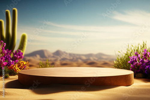 Desert landscape with a wooden platform surrounded by vibrant flowers and cacti. photo