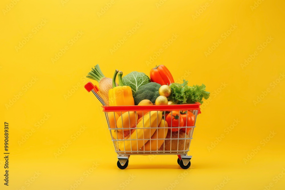 Full shopping basket, fruit, vegetables and bottles of drinks and other fresh products. Perfect for grocery store promotions, supermarkets. Generative AI Full shopping basket, fruit, vegetables and bottles of drinks and other fresh products. Perfect for grocery store promotions, supermarkets. Generative AI