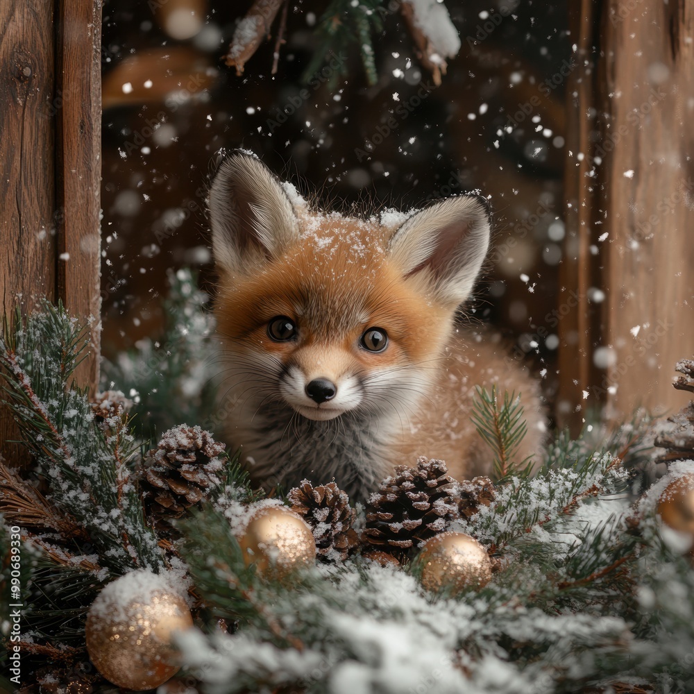 Obraz premium Adorable Baby Fox Playing in Pine Needles