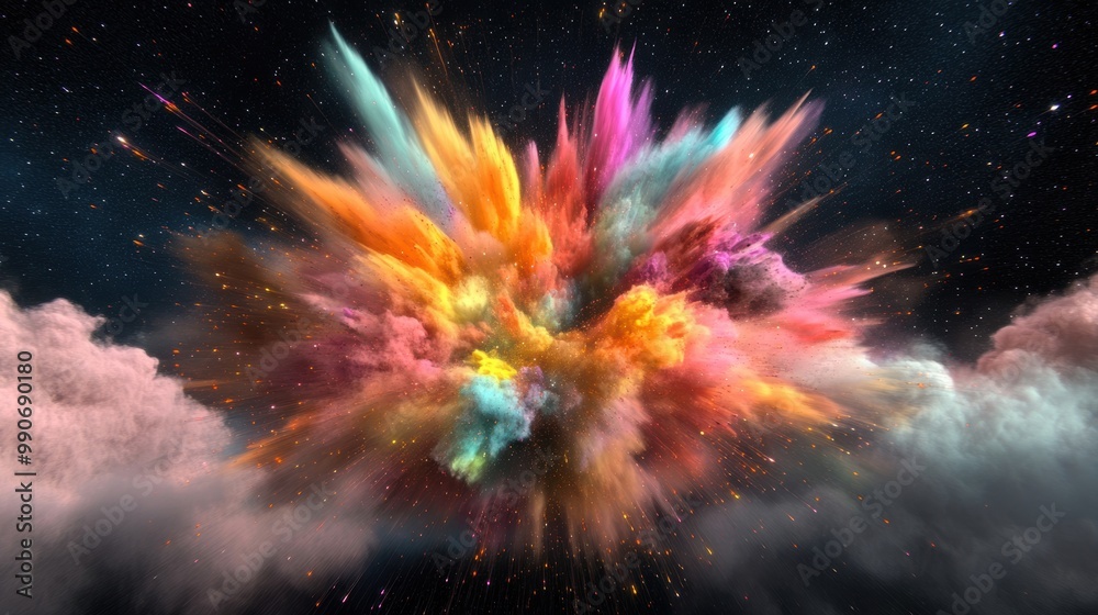 Fototapeta premium Colorful powder bursts forth in a dazzling display, illuminating the darkness of space with its vibrant hues and dynamic movement