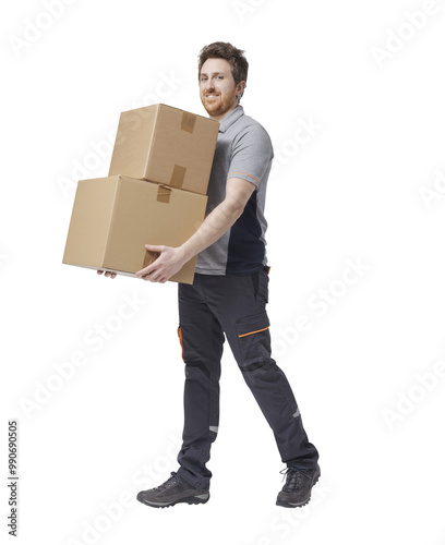 Delivery man carrying cardboard boxes