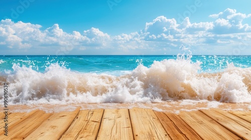 The wooden table offers a perfect view of the ocean's waves rolling onto the sandy shore, framed by a bright, cloudy sky photo