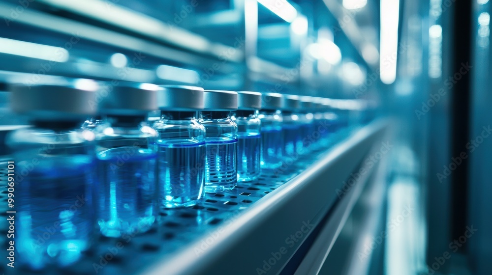 Rows of Glass Vials Filled with Colorful Liquids in a Scientific Laboratory