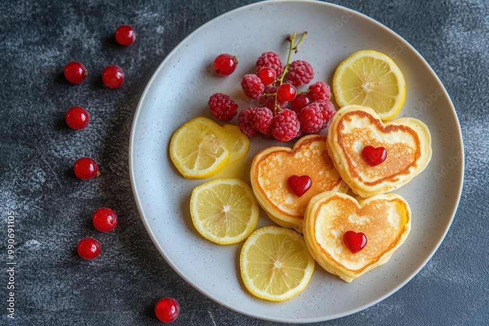 Heart-shaped pancakes on a plate with red berries and lemon, top view. Valentine's Day breakfast concept. grey tablecloth, vintage-style kitchen interior Heart-shaped pancakes on a plate with red berries and lemon, top view. Valentine's Day breakfast concept. grey tablecloth, vintage-style kitchen interior