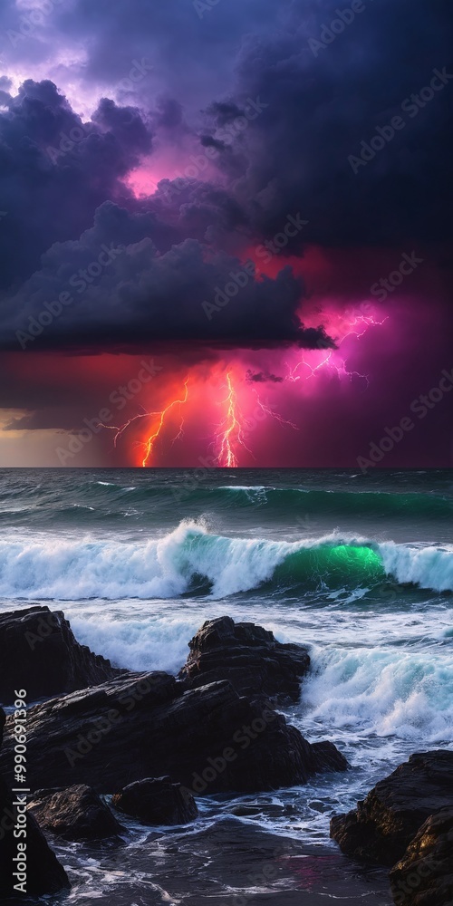 Fototapeta premium Dark stormy sea with dramatic sky and lightnings