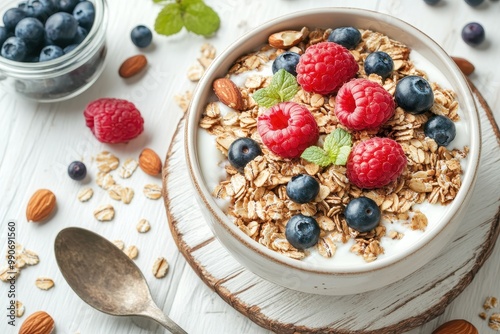 Top view of a healthy breakfast yogurt and oat granola with fresh berries and nuts on a white wooden board accompanied by a spoon