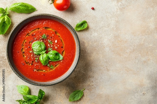 Top view of a grey bowl of tomato soup garnished with basil set against a beige stone backdrop photo