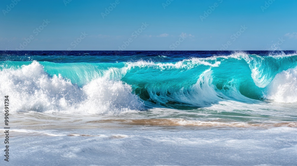 The bright blue ocean waves roll powerfully toward the beach, creating foamy white splashes against the warm sand The bright blue ocean waves roll powerfully toward the beach, creating foamy white splashes against the warm sand