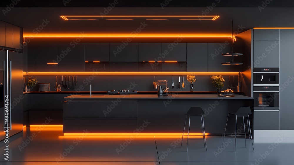 Modern Minimalist Kitchen Room with Wooden Table, luxurious Interior Design, Furniture with Background