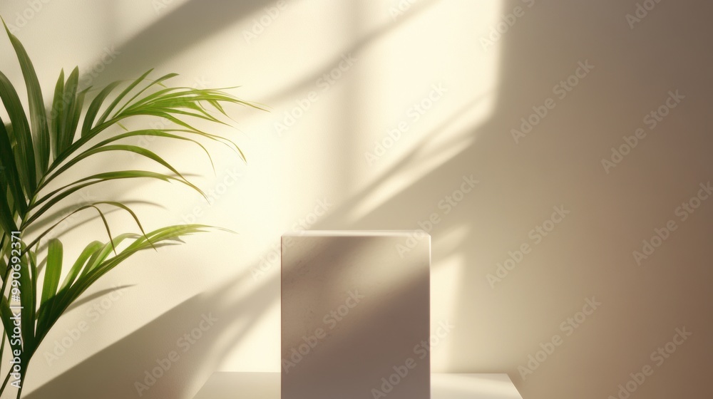 A white pedestal stands calmly as palm leaf shadows play across it, illuminated by warm, gentle light in a tranquil space A white pedestal stands calmly as palm leaf shadows play across it, illuminated by warm, gentle light in a tranquil space