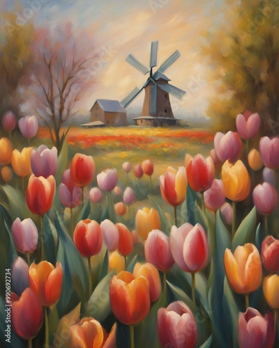 Vibrant digital painting of a windmill surrounded by colorful tulip fields under a bright sky, Generative AI.