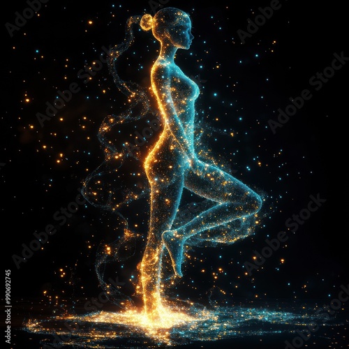 Standing woman surrounded by vibrant, galaxy-like glow photo