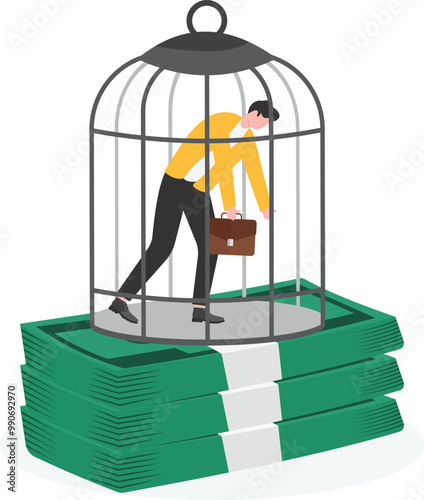 Businessman trapped in money cage, business scam, debt crisis, white collar business crime

