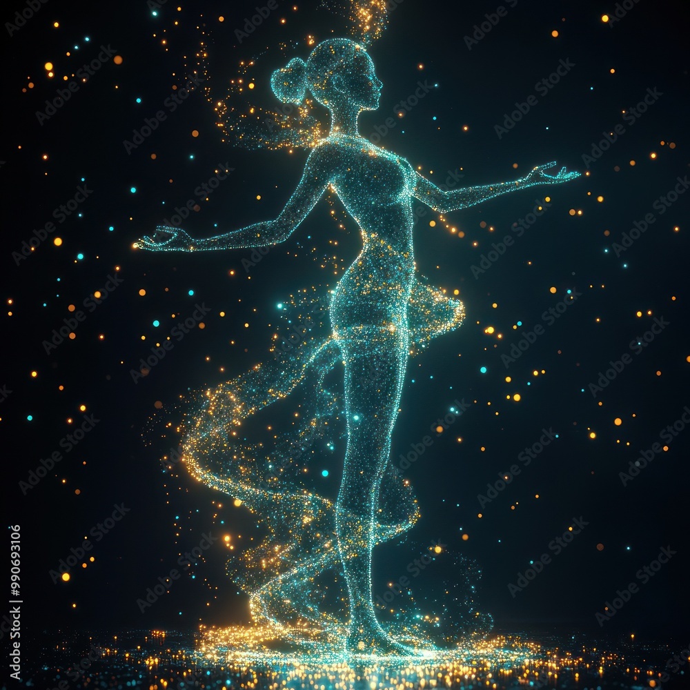 Standing digital figure with swirling particles of light Standing digital figure with swirling particles of light