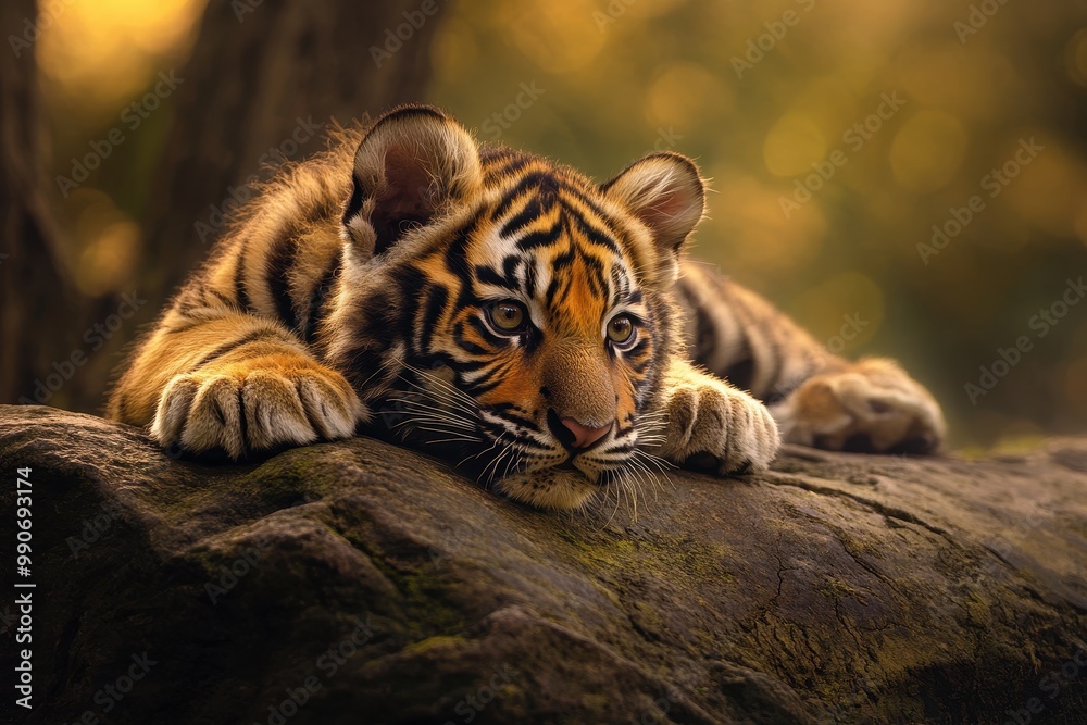 Fototapeta premium A Bengal tiger cub lounges on a log gazing at a stone for placing something