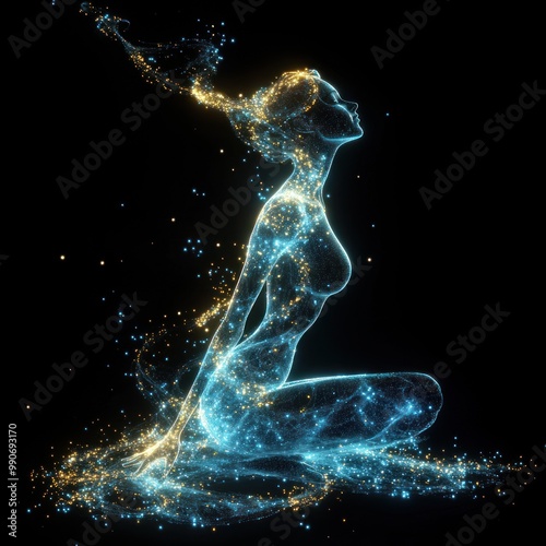 Abstract digital woman with glowing particles sitting
