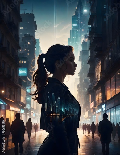 Double exposure of a woman standing in a bustling city street at night, with tall buildings and bright lights in the background, cityscape reflected on her coat, Generative AI.