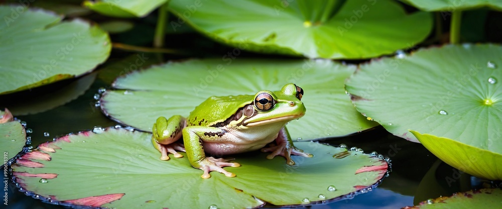 Green frog sitting on lily leaves at pond nature environment. Biology ecosystem. Generative AI Green frog sitting on lily leaves at pond nature environment. Biology ecosystem. Generative AI