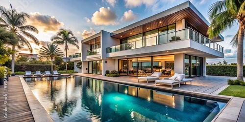 Elegant Miami waterfront estate boasting a private pool and panoramic views of the city's stunning skyline, nestled in