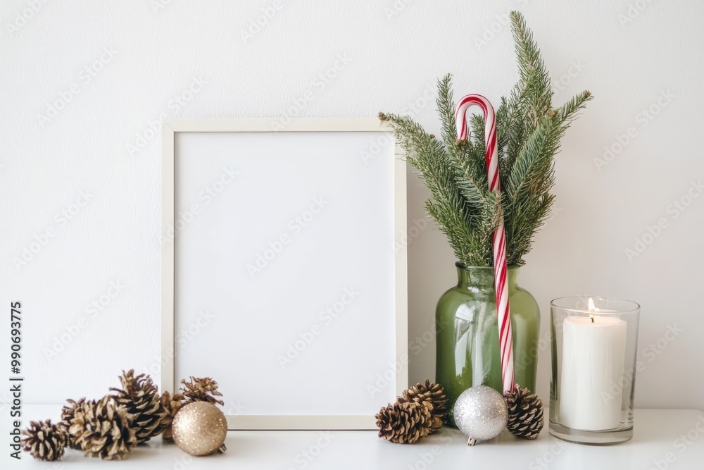 Minimalist Christmas Arrangement with White Frame, Pine Branches, and Candle Minimalist Christmas Arrangement with White Frame, Pine Branches, and Candle