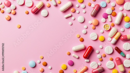 Assortment of Colorful Medication Tablets and Capsules on Pink Background