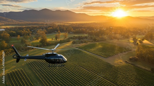 Aerial view of helicopter over vast vineyard landscape photo