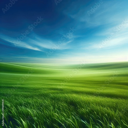 Endless Green Horizon – Serene Landscape Under Blue Sky with Generative AI.