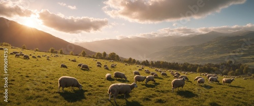 Sheep flock grazing in mountains on green grass meadow