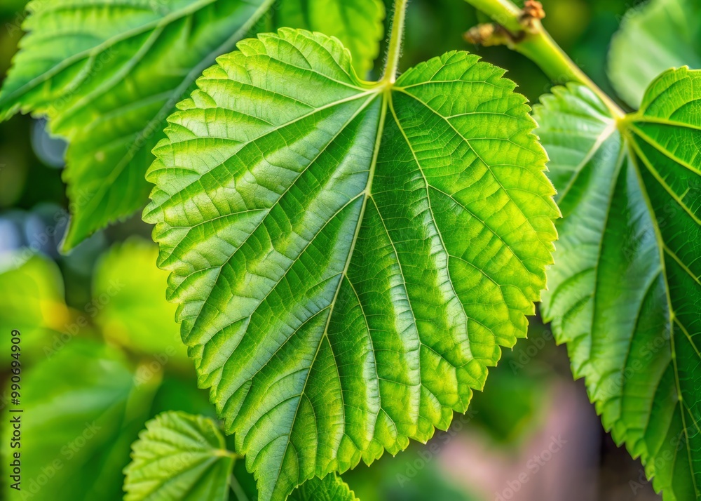 Fine green tendrils of a mulberry tree unfold, showcasing serrated edges and prominent, inviting veins. Fine green tendrils of a mulberry tree unfold, showcasing serrated edges and prominent, inviting veins.