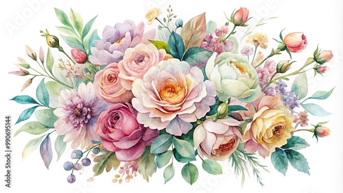 Watercolor flowers bouquet in pastel tones on white background