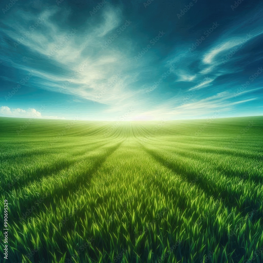 Endless Green Horizon – Serene Landscape Under Blue Sky with Generative AI. Endless Green Horizon – Serene Landscape Under Blue Sky with Generative AI.