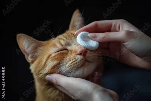 Fototapeta Hands using a cotton pad to clean a cat's closed eyes
