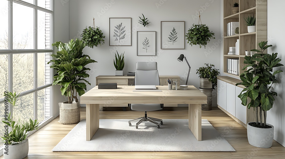 Fototapeta premium A minimalist Scandinavian-inspired office featuring a light wood desk, white walls, potted plants adding a natural element, large windows filling the space with sunlight,