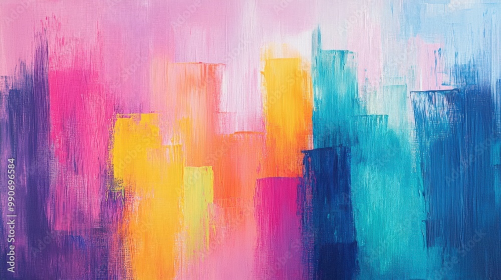 Obraz premium A colorful canvas showcasing energetic brushstrokes forming a lively city skyline, blending pinks, yellows, and blues harmoniously