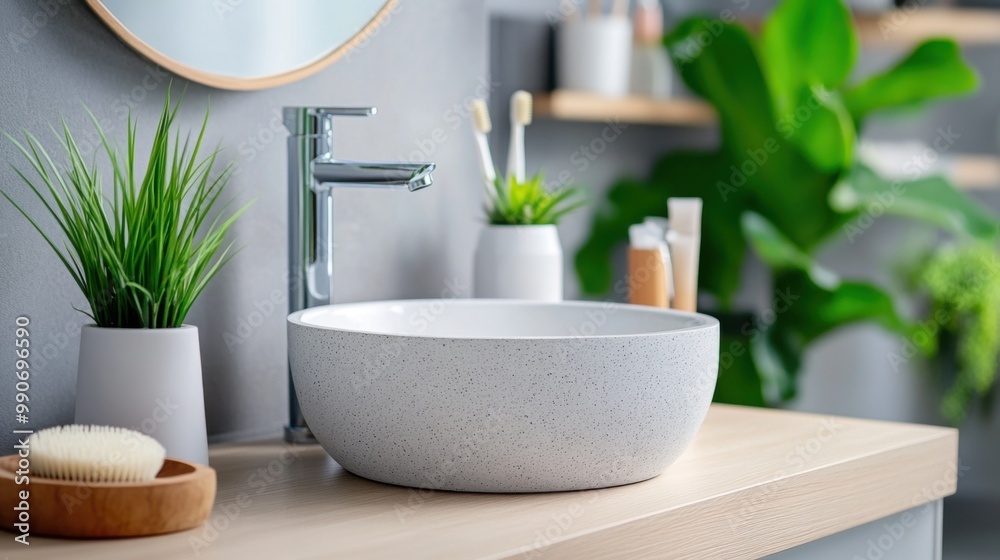 Fototapeta premium Modern Bathroom with Stylish Sink and Greenery