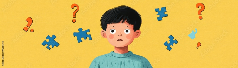 A young boy with a confused expression surrounded by puzzle pieces and question marks, symbolizing curiosity and problem-solving. A young boy with a confused expression surrounded by puzzle pieces and question marks, symbolizing curiosity and problem-solving.
