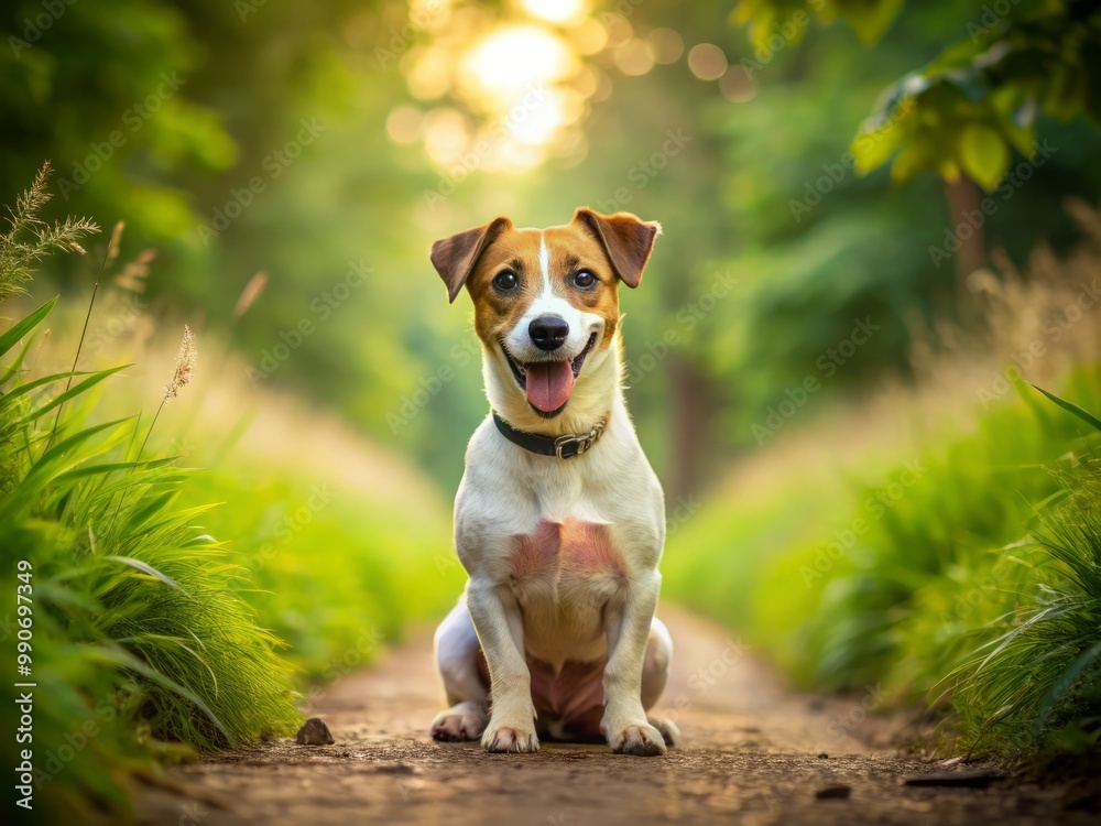 Obraz premium Happy Jack Russell Terrier sitting on a path in the countryside with a green and brown background