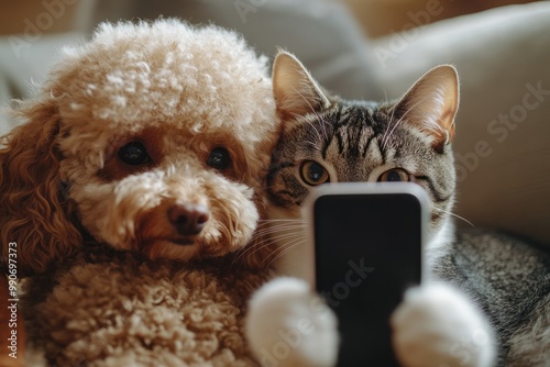 Curly dog and tiger-pattern cat take selfie with phone.
